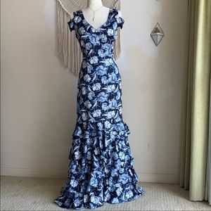 Kay Unger Floral Gown Blue/White
